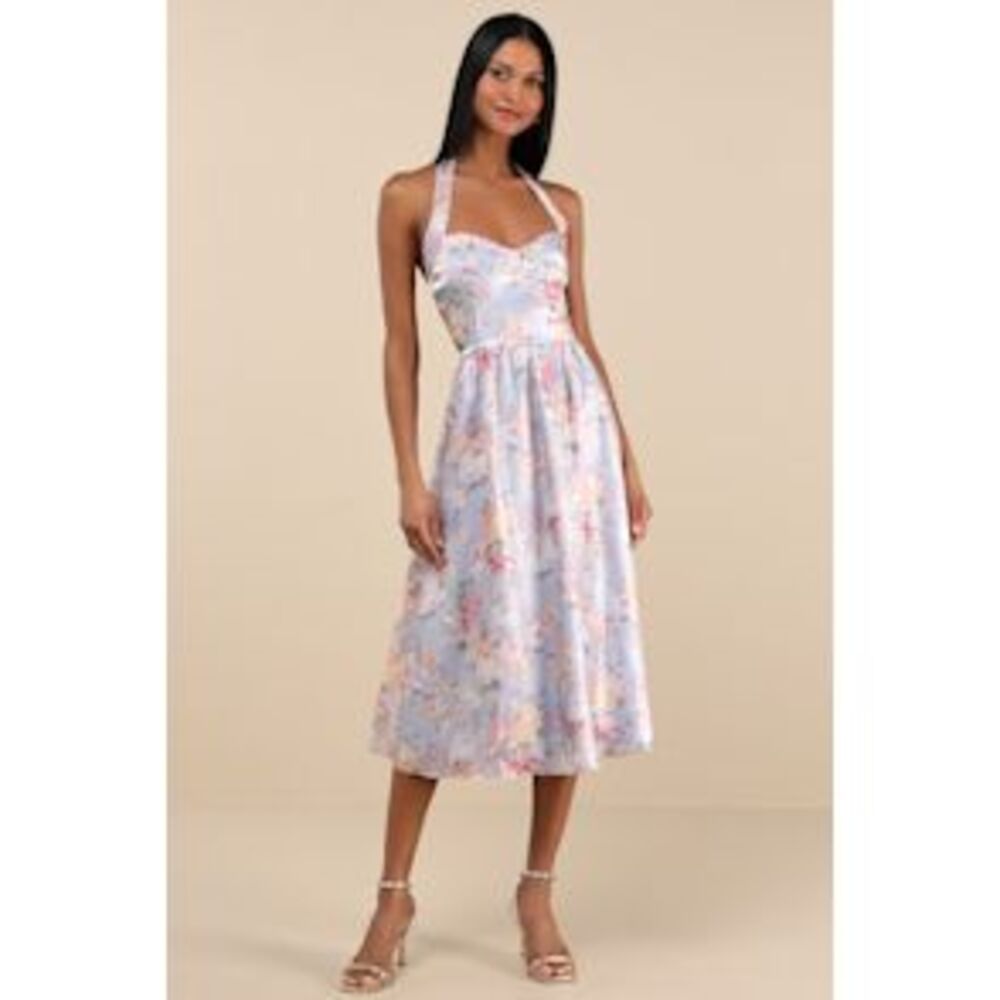 Lulu's Light Blue Pastel Floral Halter Midi Dress